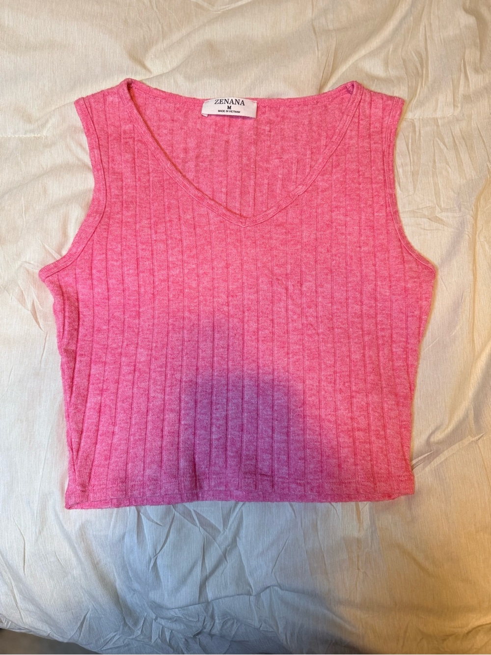 Zenana Outfitters Pink Ribbed V-Neck Cropped Tank Top